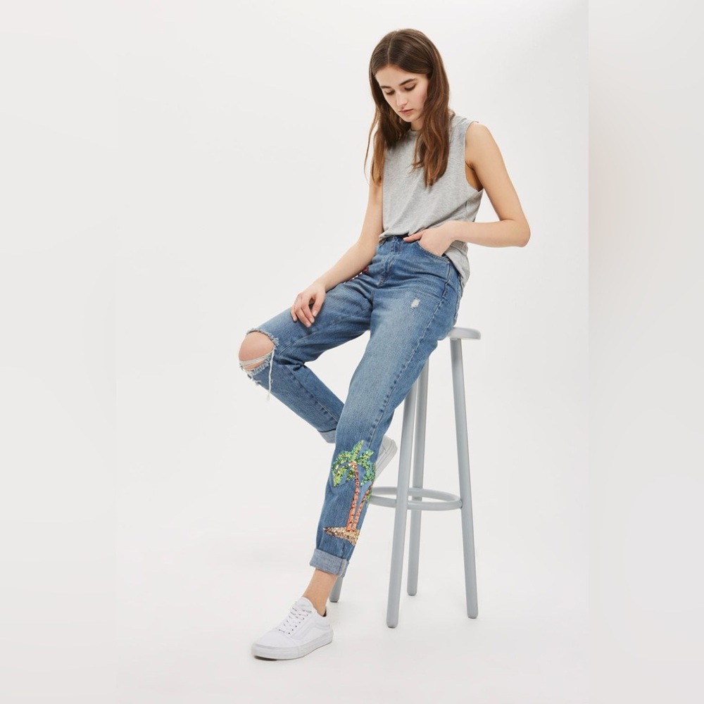 Topshop Flamingo Sequin Moto Mom Jeans Size 30 High Waisted Denim Fun Palm Tree - Picture 2 of 13